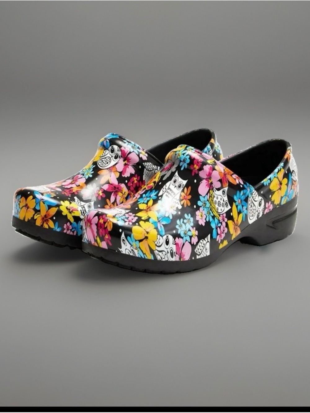Black Floral Nursing Clogs with Colorful Flower Print